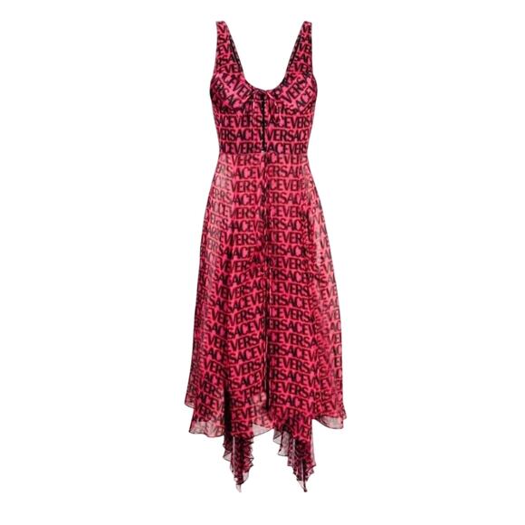 NWT Versace Runway Plisse Silk Dress IT 44 US 8 All Over Logo Red Black $5425